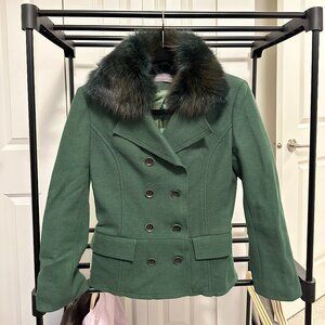 Green Pea Coat with Removable Fox Fur Collar